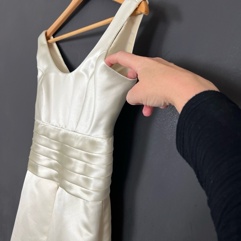 Womens Bridal Gown Cream Tea Length Satin Pleated Waist Elegant Minimalist Luxe - Picture 5 of 16